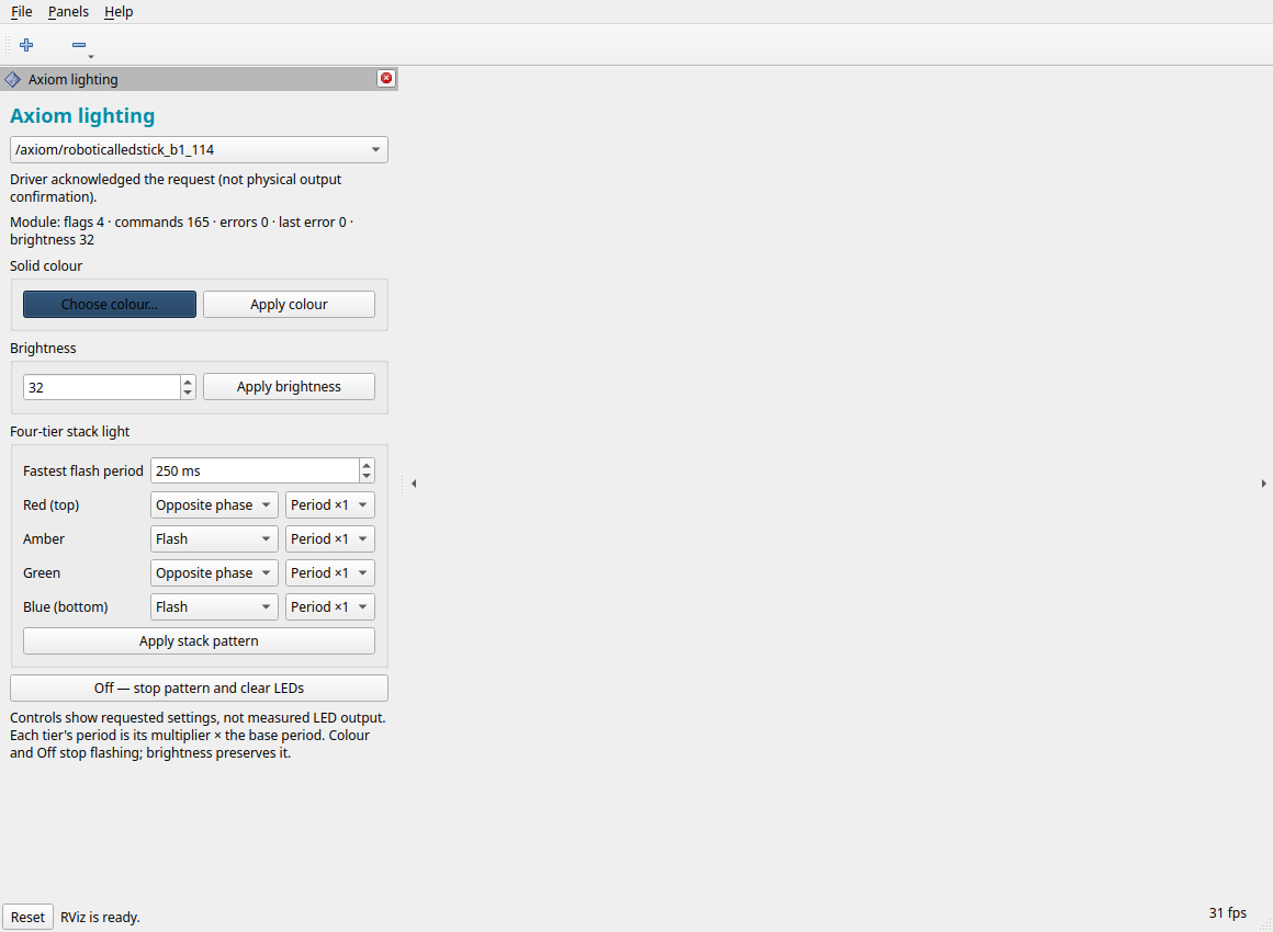 RViz lighting panel with requested settings and reported module status