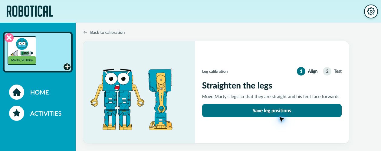 Current Marty app leg-calibration screen showing Straighten the legs and Save leg positions