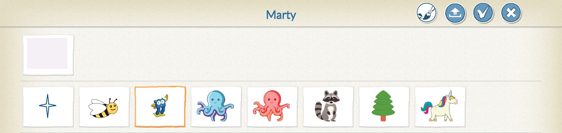 The current character library with Marty selected, plus paint, upload, confirm and cancel controls