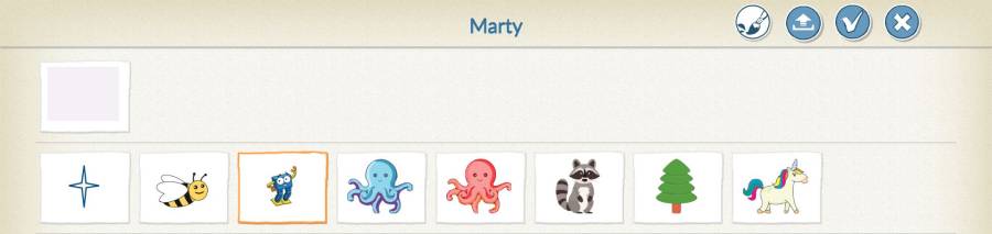 The current character library with Marty selected, plus paint, upload, confirm and cancel controls