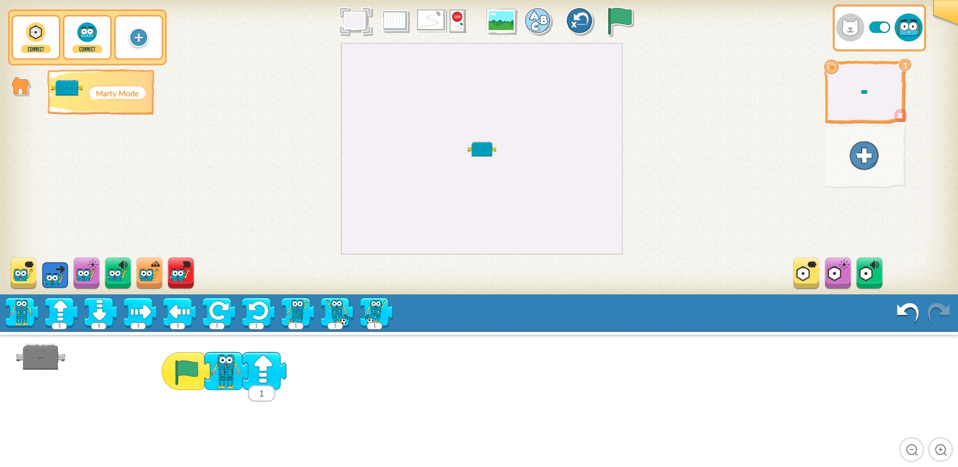 The current Blocks Jr editor in Marty mode, with the robot switch selected and a green flag, Get Ready and Move Forward script
