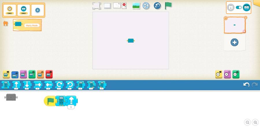The current Blocks Jr editor in Marty mode, with the robot switch selected and a green flag, Get Ready and Move Forward script