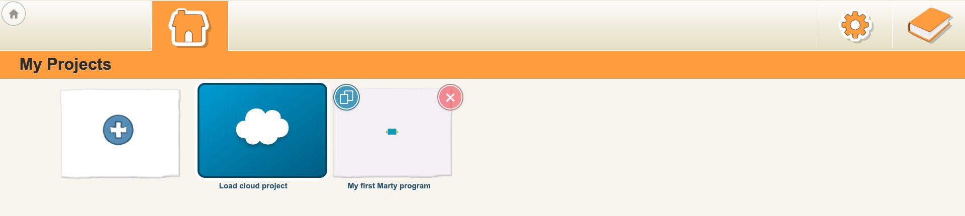 My Projects in the current Blocks Jr app, showing Create Project, Load cloud project and a saved example