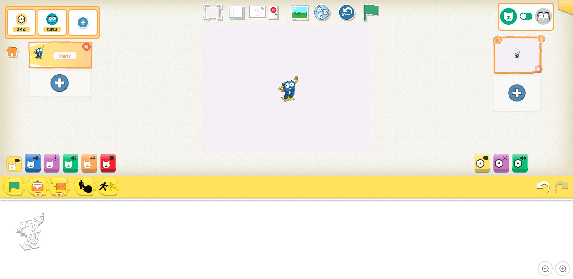 The current Blocks Jr editor in sprite mode, with the character list, stage, block categories and programming area