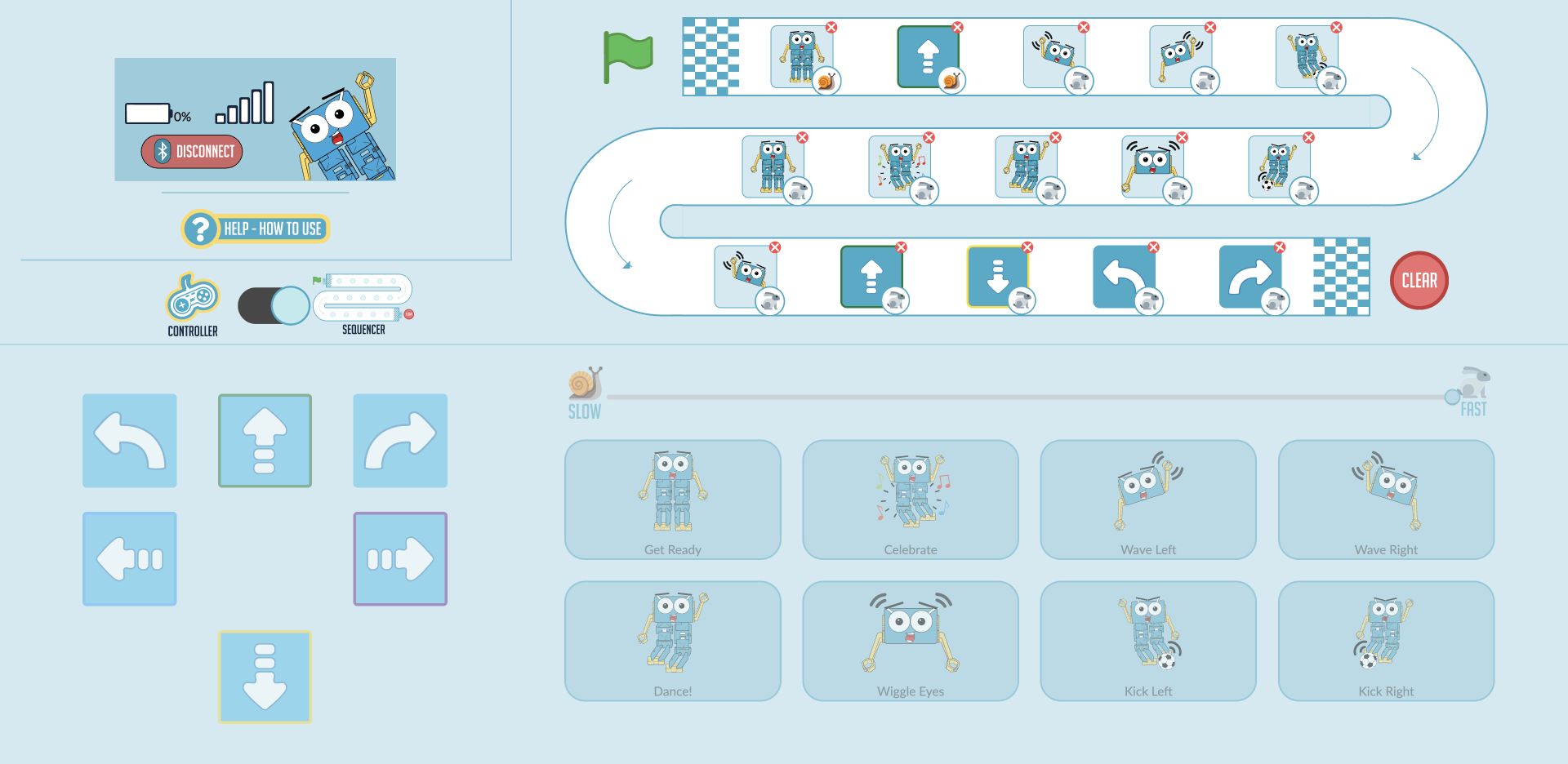 A full 15-command sequence with the movement controls dimmed until a step is removed or the track is cleared