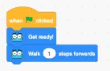 A connected script containing when green flag clicked, Get ready, and Walk one step forwards