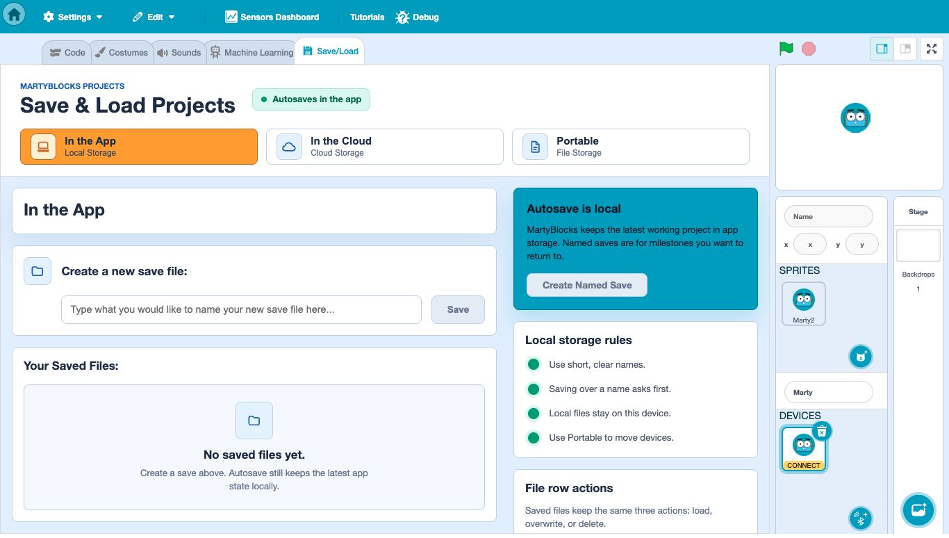 The current Save and Load Projects tab with In the App, In the Cloud and Portable storage choices