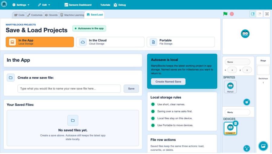 The current Save and Load Projects tab with In the App, In the Cloud and Portable storage choices