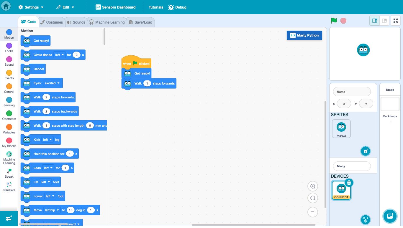 The current Blocks editor with Marty selected under DEVICES, its Motion blocks, and a green flag, Get ready and Walk script