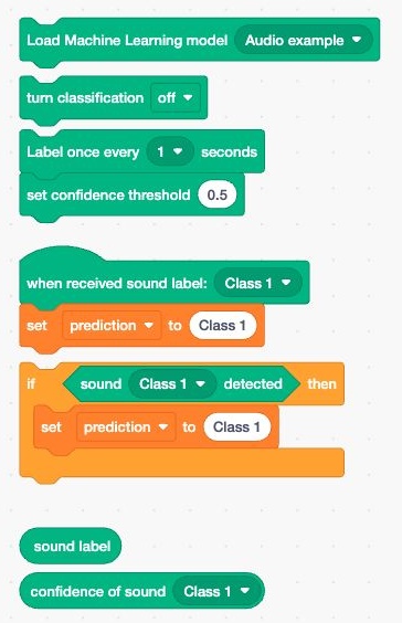 Blocks for loading an audio model, responding to sound labels and adjusting classification