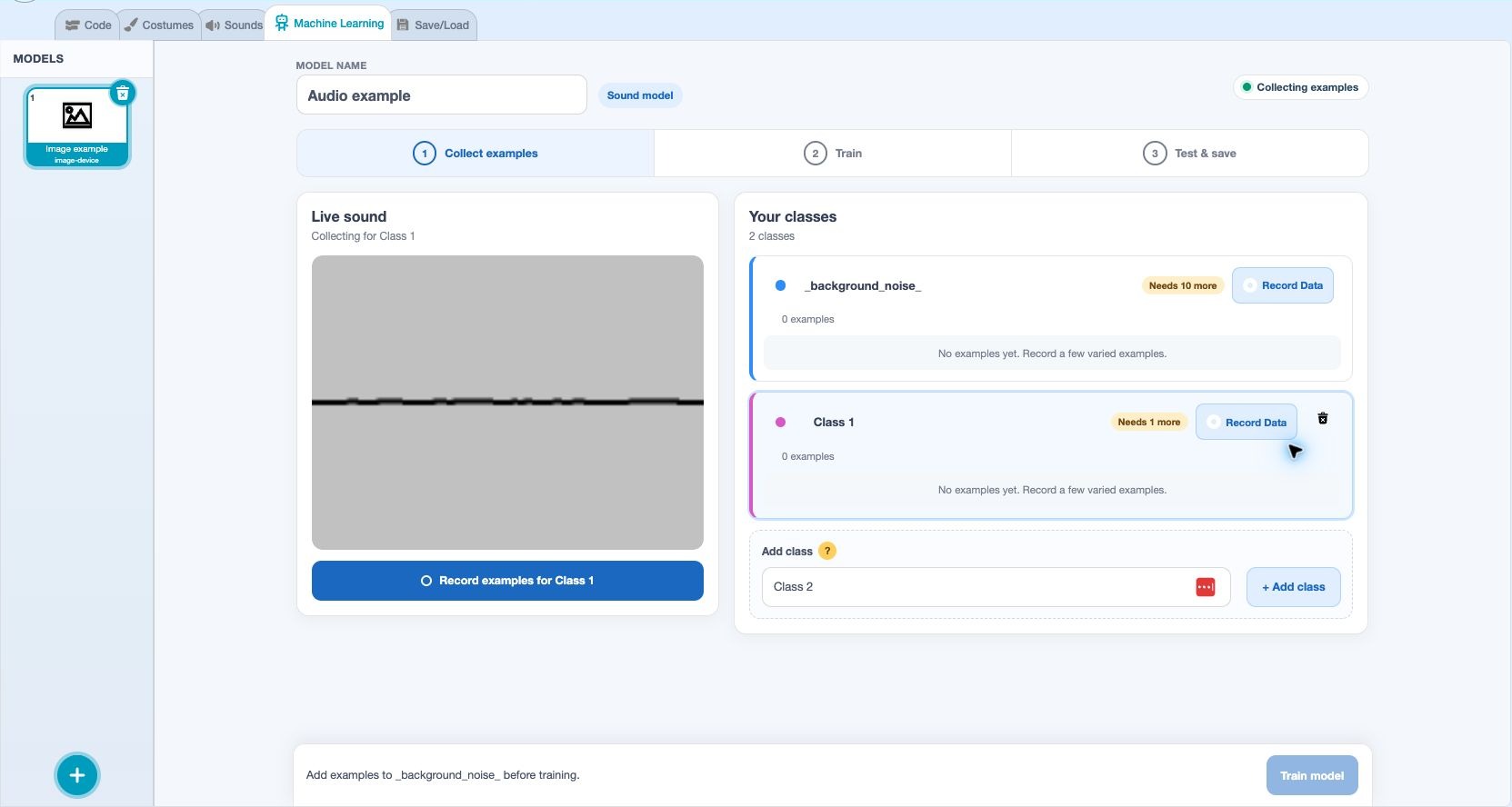Audio model editor with class controls and the collection, training and testing workflow