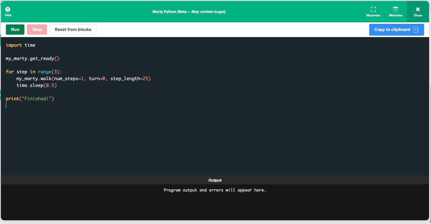 Marty Python editor with Run, Stop, Reset from blocks, Copy to clipboard and Output controls