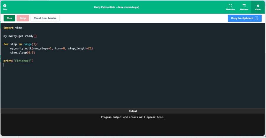 Marty Python editor with Run, Stop, Reset from blocks, Copy to clipboard and Output controls