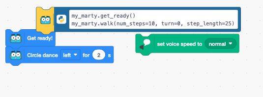 Python block containing Get ready and Walk commands