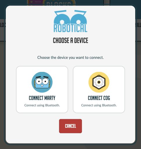 The current Choose a Device dialog with Connect Marty and Connect Cog choices, using Bluetooth
