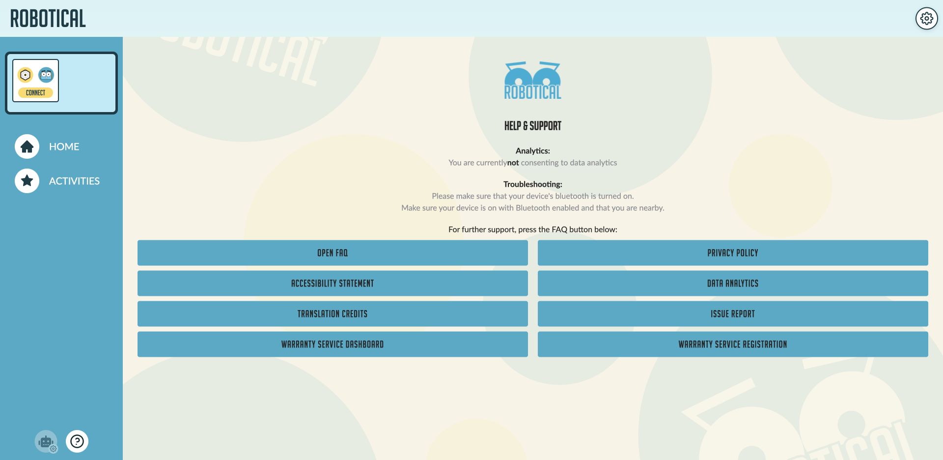 The current Help and Support screen with FAQ, Issue Report, privacy, accessibility, analytics and warranty controls