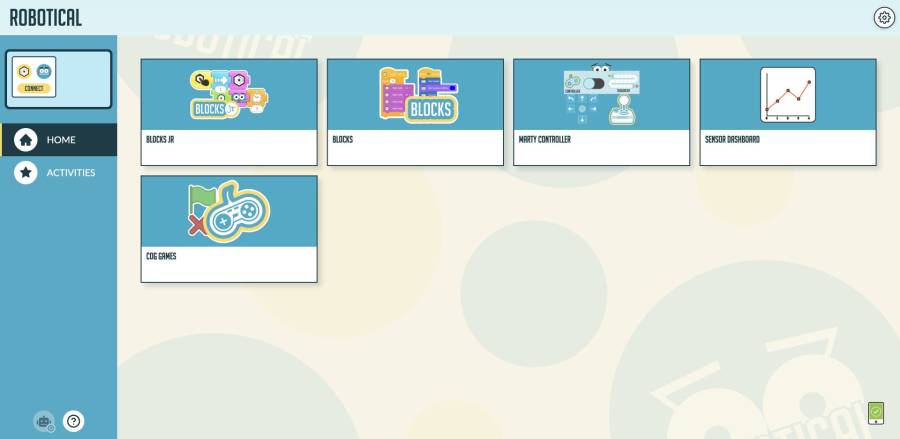 The current Robotical Home screen with its connection controls, coding tools, navigation and App settings gear