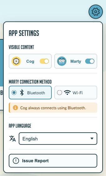 The current App settings menu with visible content, Marty connection method, app language and Issue Report