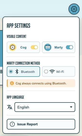 The current App settings menu with visible content, Marty connection method, app language and Issue Report