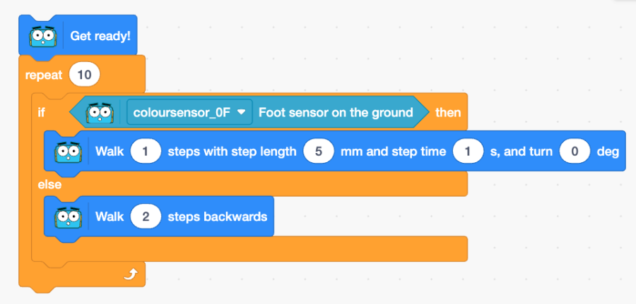 A Blocks program that repeats a ground-sensor check ten times and walks forwards or backwards