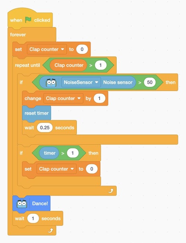 Blocks program for double-clap activated dancing