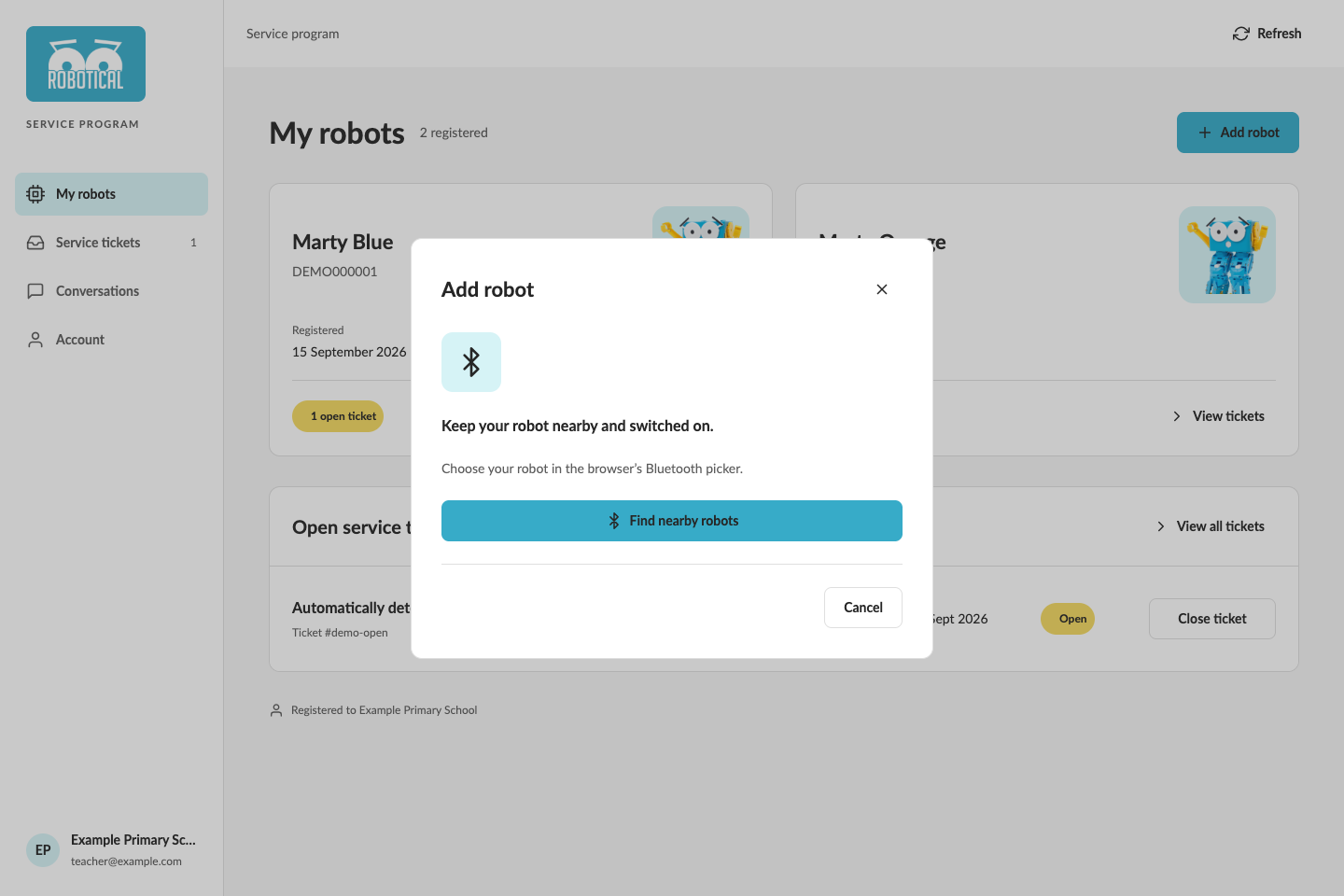 Add robot using the browser Bluetooth picker