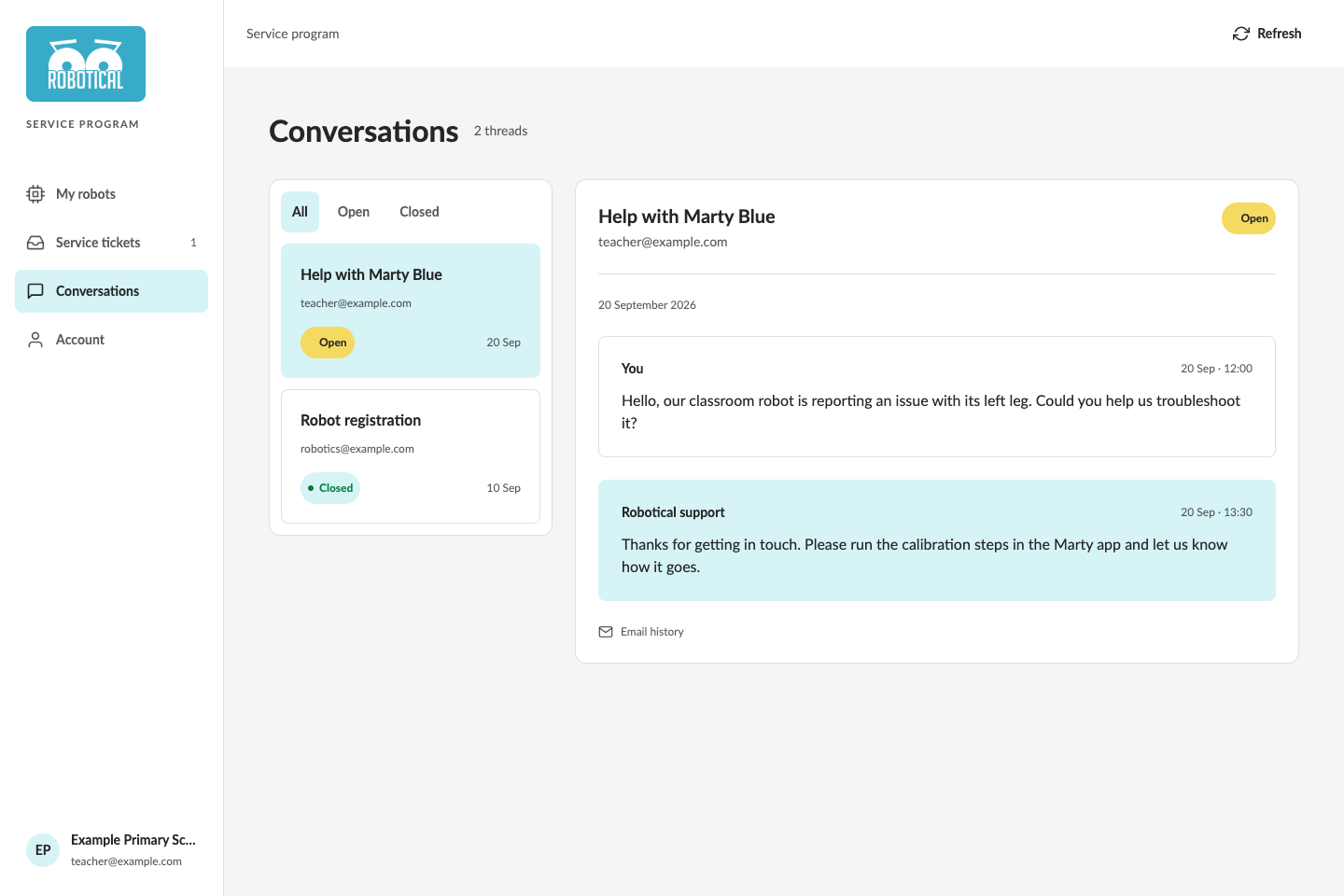 Support conversations and email history