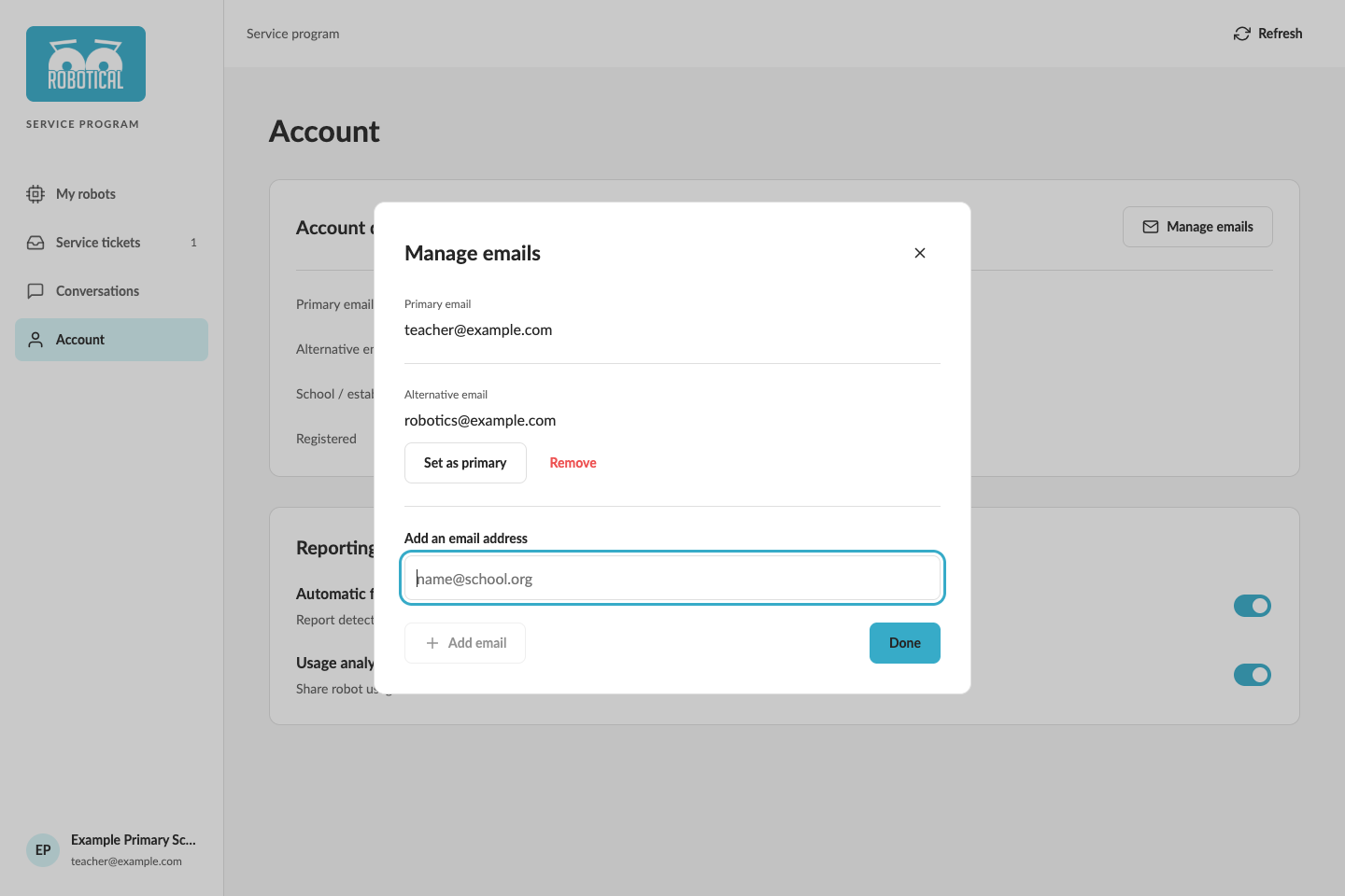 Manage primary and alternative email addresses