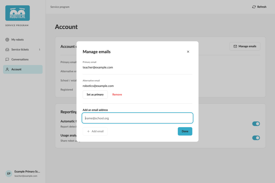 Manage primary and alternative email addresses