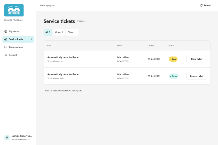 Service tickets with filters and close or reopen actions