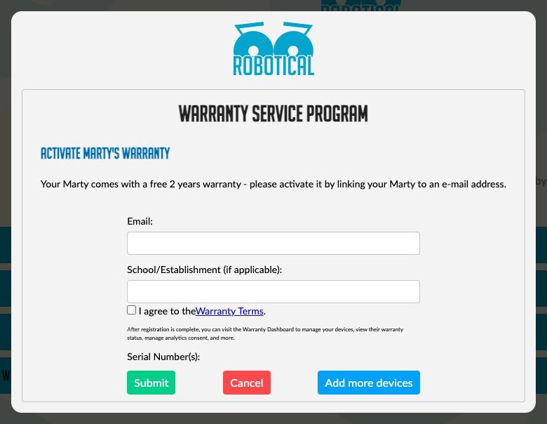 Warranty registration form with email, school, terms and serial-number fields